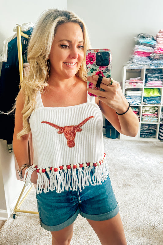 Queen of Sparkles Licensed Texas Fringe Bead Sweater Tank