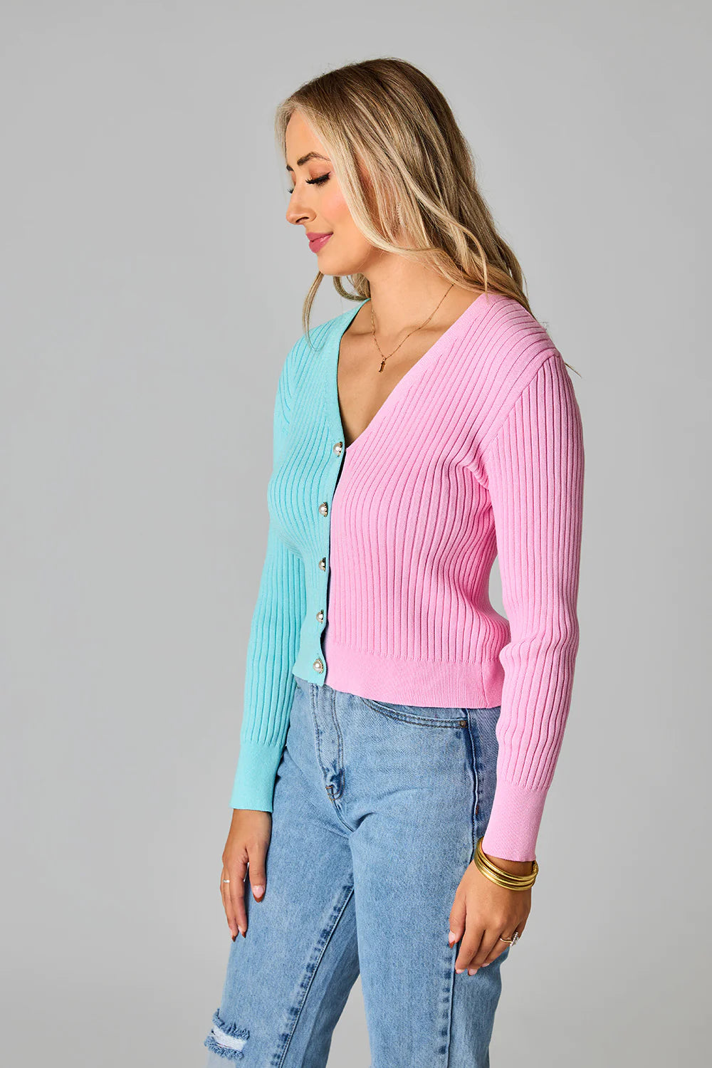 BuddyLove Noah Cropped Rib Sweater in Pink/Blue