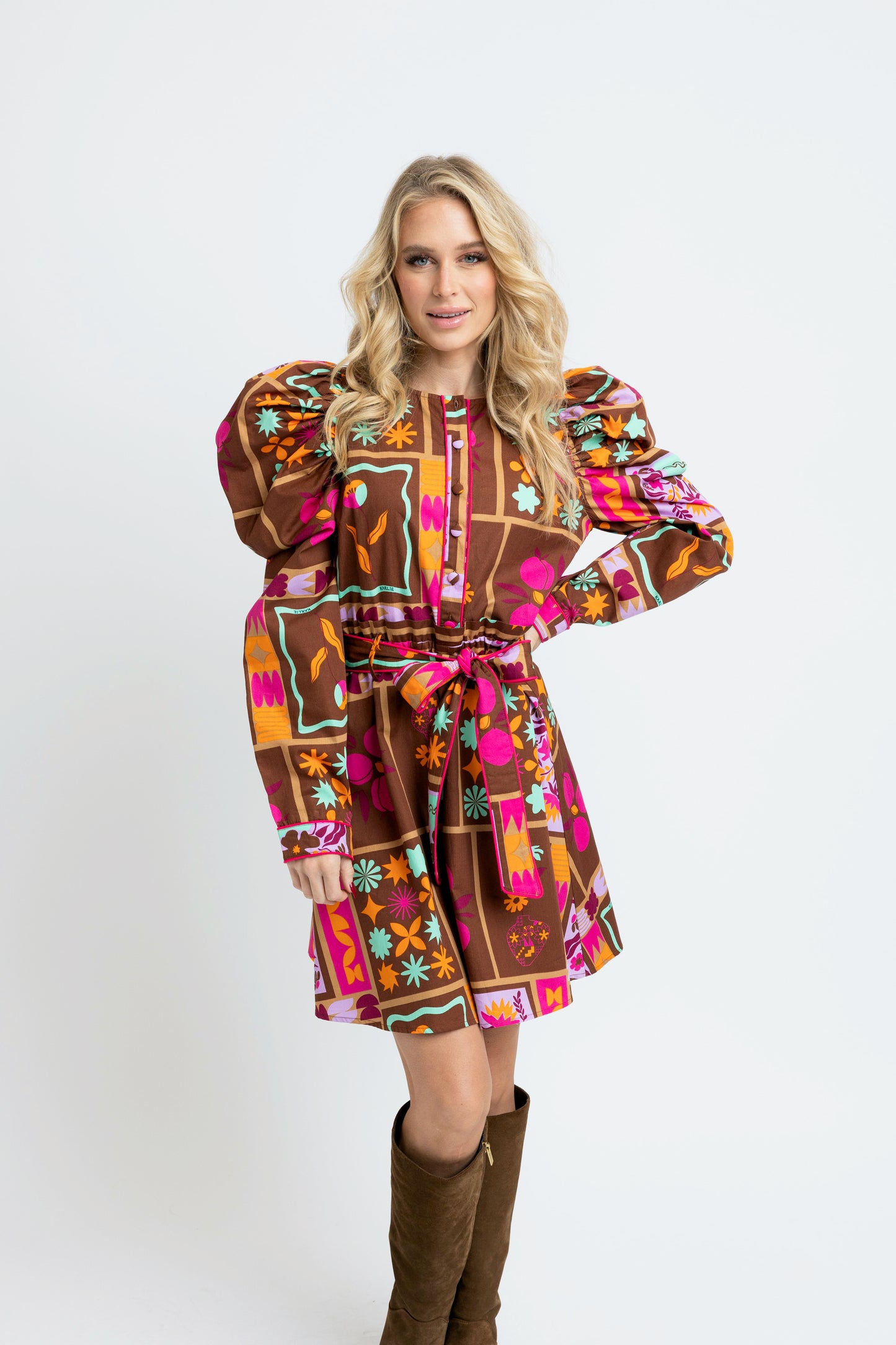 Karlie Floral Frame Puff Sleeve Shirt Dress