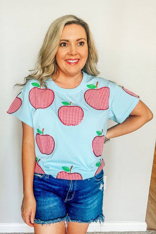 Queen of Sparkles Light Blue & Red Gingham Apple Tee