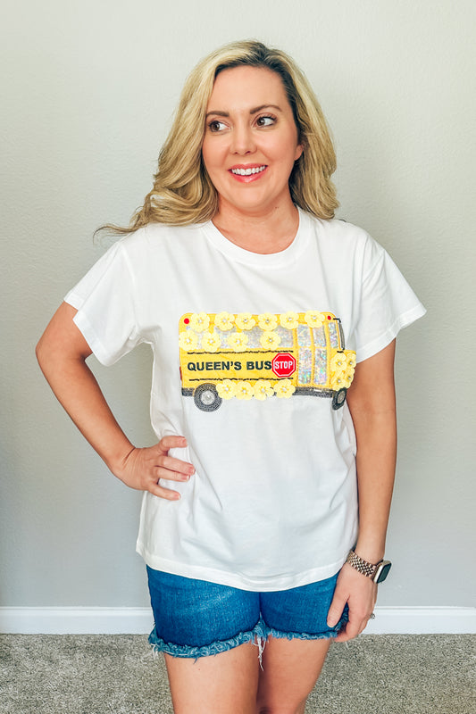 Queen of Sparkles White & Yellow Sequin Flower School Bus Tee