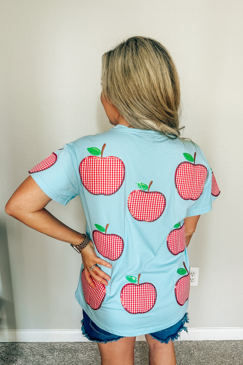 Queen of Sparkles Light Blue & Red Gingham Apple Tee
