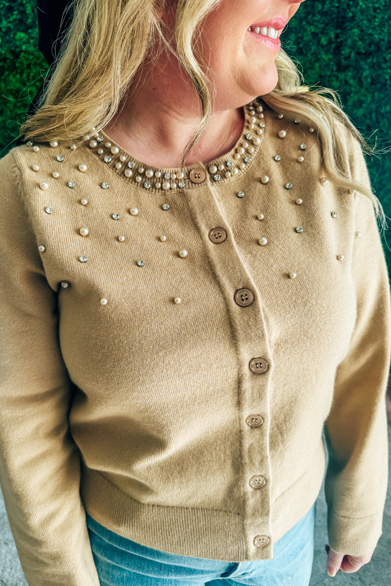 Buttercream Pearls & Rhinestone Cardigan