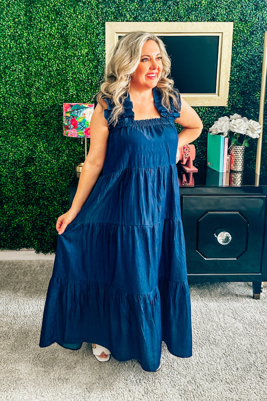 Cassie Chambray Flutter Sleeve Maxi