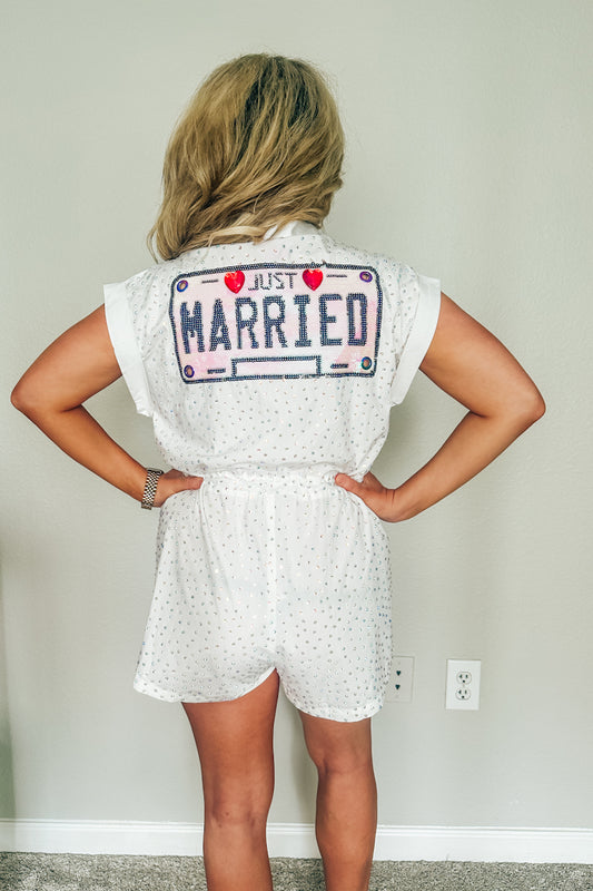Queen of Sparkles White Rhinestone "Just Married" Romper
