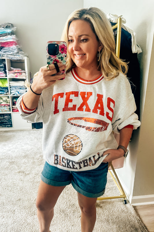 Queen of Sparkles Grey & Burnt Orange Texas Longhorns Basketball Sweatshirt