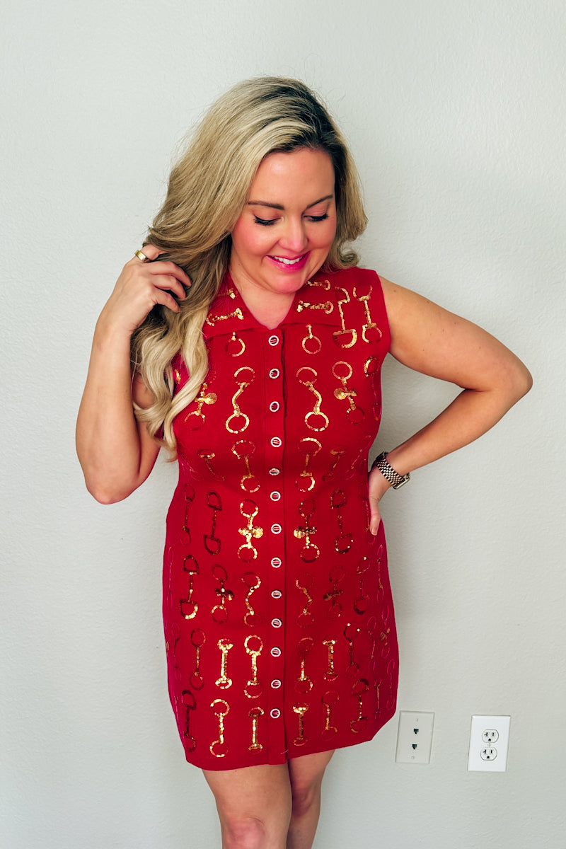 Queen of Sparkles Red & Gold Horse Bit Knit Sleeveless Collar Dress