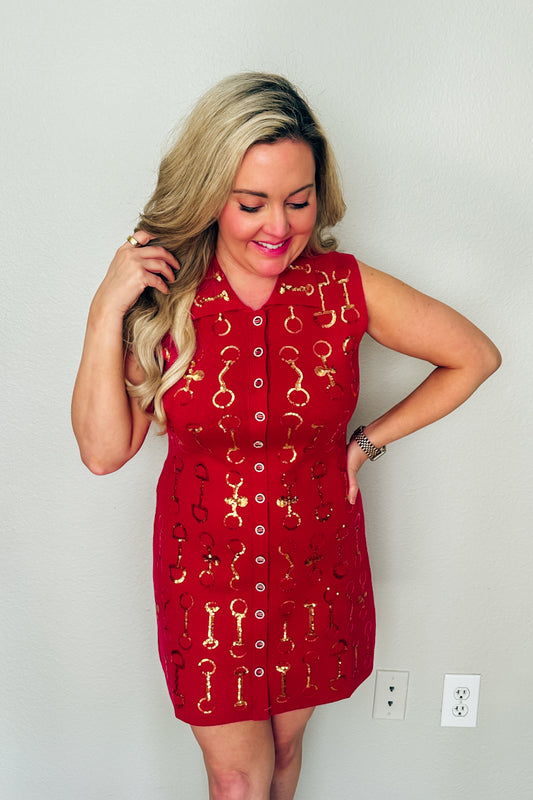 Queen of Sparkles Red & Gold Horse Bit Knit Sleeveless Collar Dress