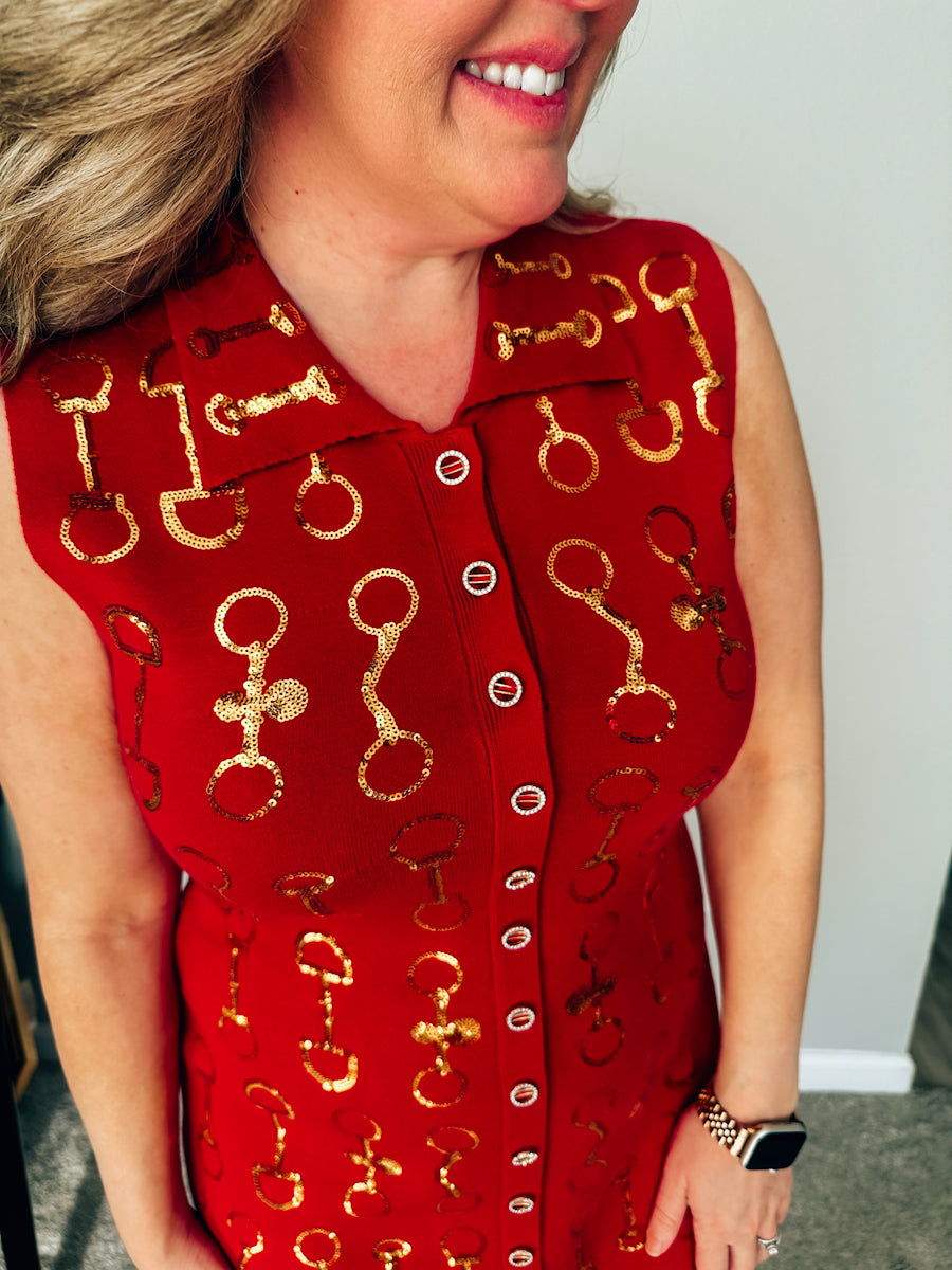 Queen of Sparkles Red & Gold Horse Bit Knit Sleeveless Collar Dress