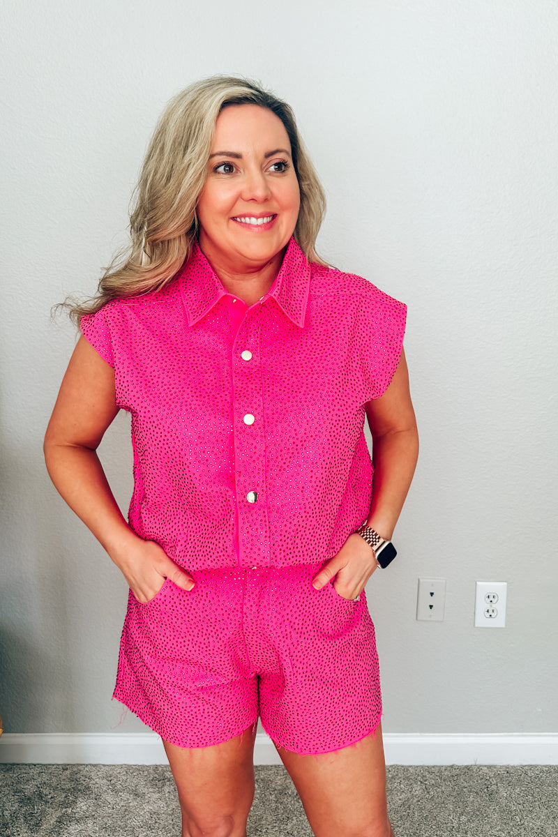 Queen of Sparkles Hot Pink Rhinestone Button-Up Romper
