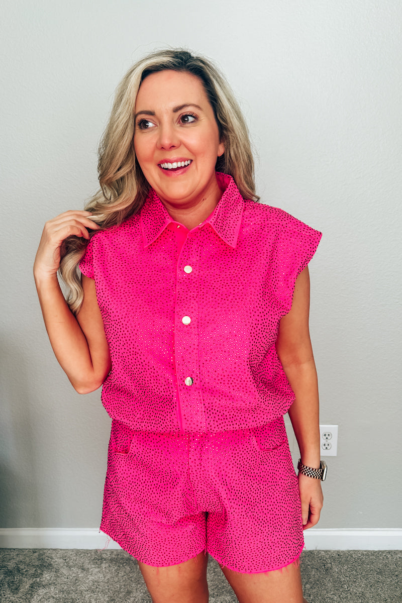 Queen of Sparkles Hot Pink Rhinestone Button-Up Romper