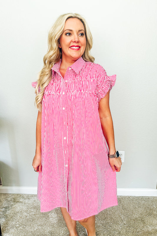 The Lexington Striped Shirtdress in Regatta Red