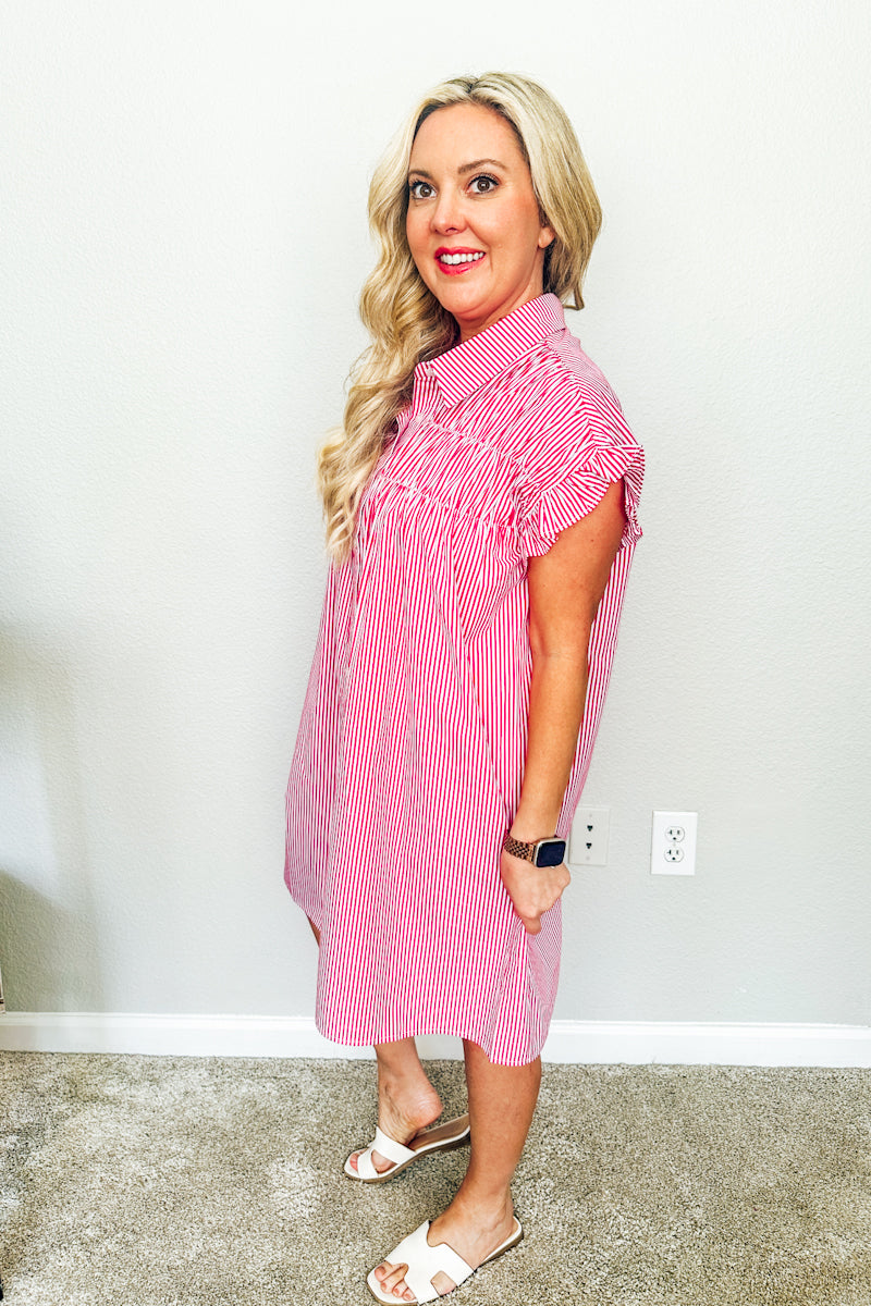 The Lexington Striped Shirtdress in Regatta Red