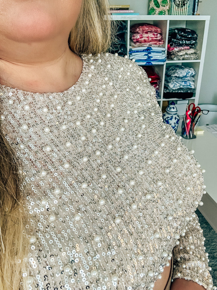 "Found My Pearl" Beaded Shimmer Top