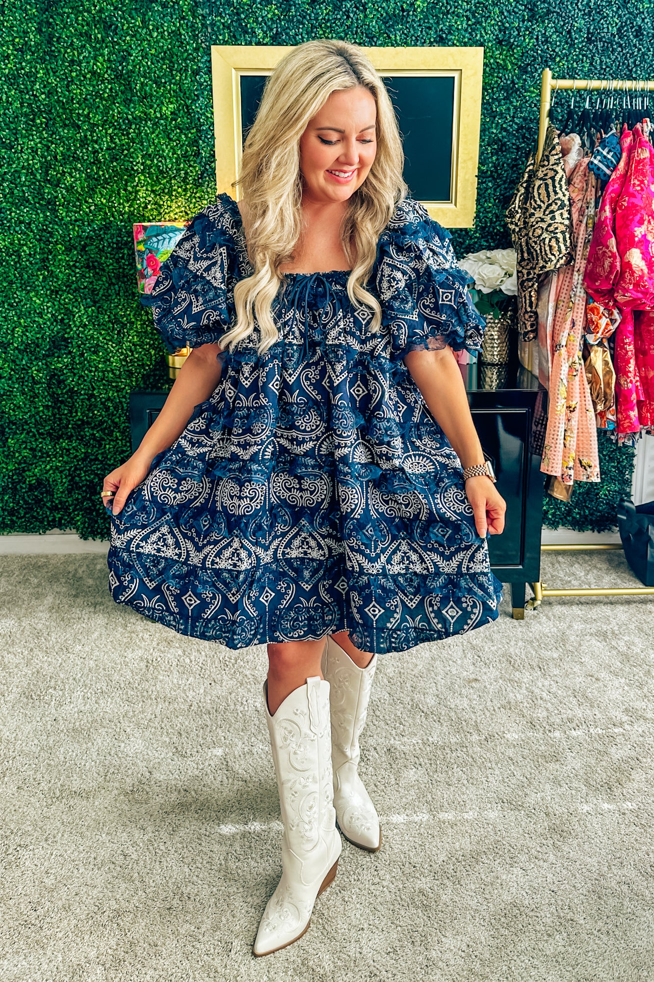dress chiffon mini print Celebrity Pink Juniors' Floral-Print Smocked Tiered - Navy Blazer Floral Color:Black-Lavender / Winter Solstice this chiffon mini is February '26 Collection Red Carpet-Worthy Black-Tie Rentals