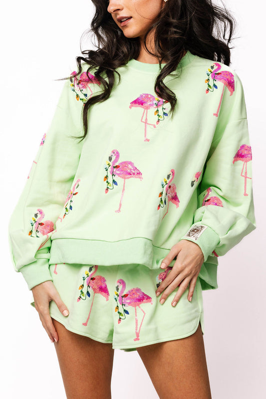 Queen of Sparkles Mint Flamingo Wearing Christmas Light Necklace Sweatshirt