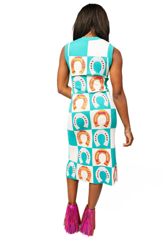Queen of Sparkles Teal Checkered Horseshoe Knit Maxi Dress