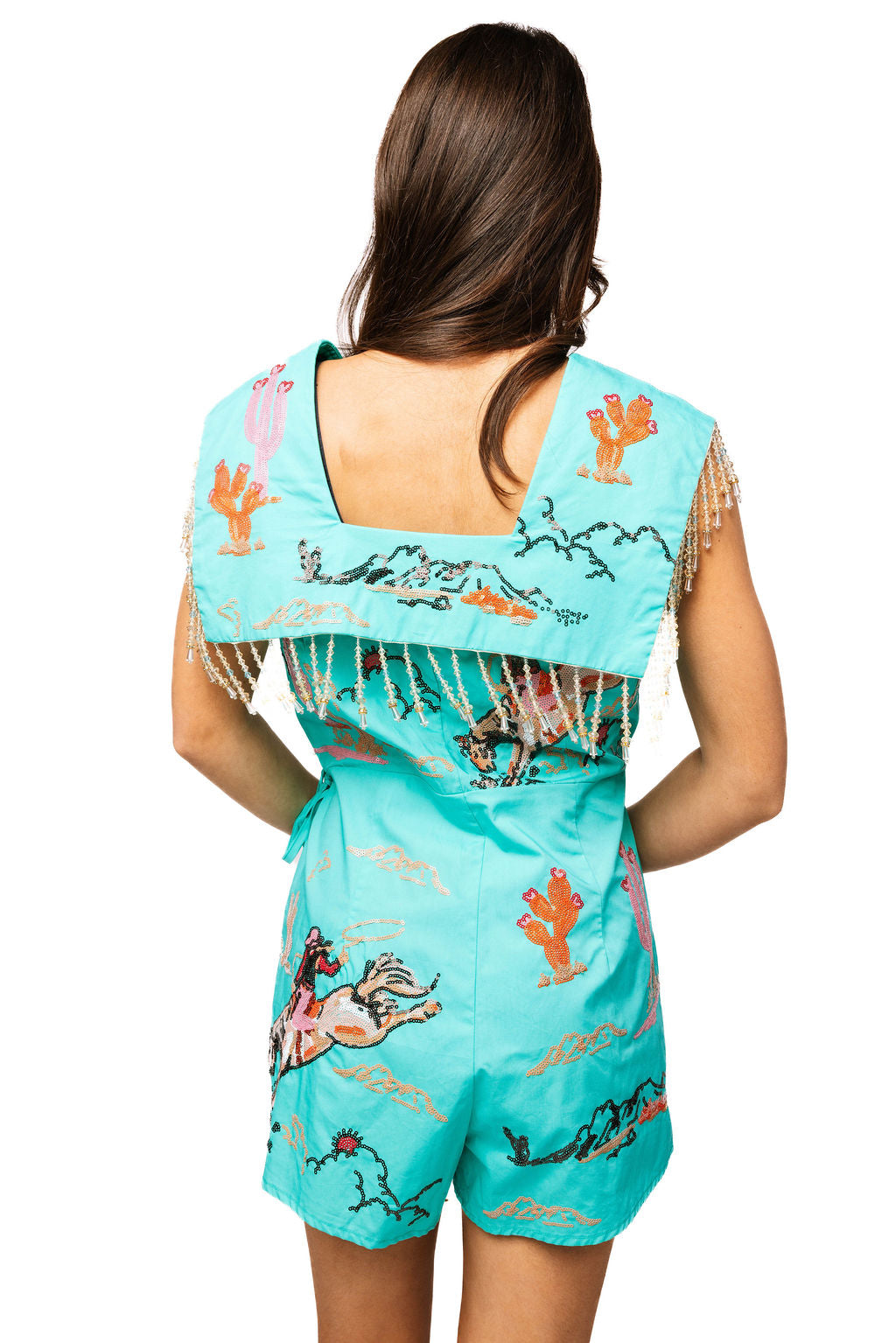 Queen of Sparkles Aqua Bucking Cowgirl Beaded Fringe Romper