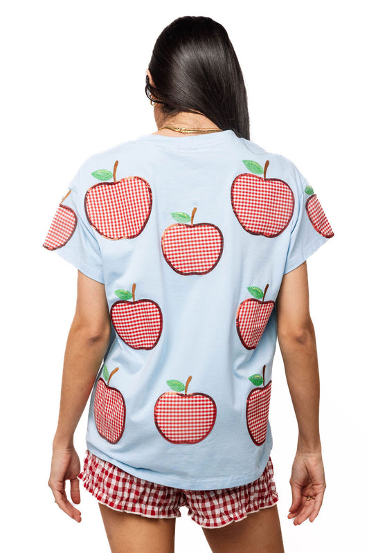 Queen of Sparkles Light Blue & Red Gingham Apple Tee