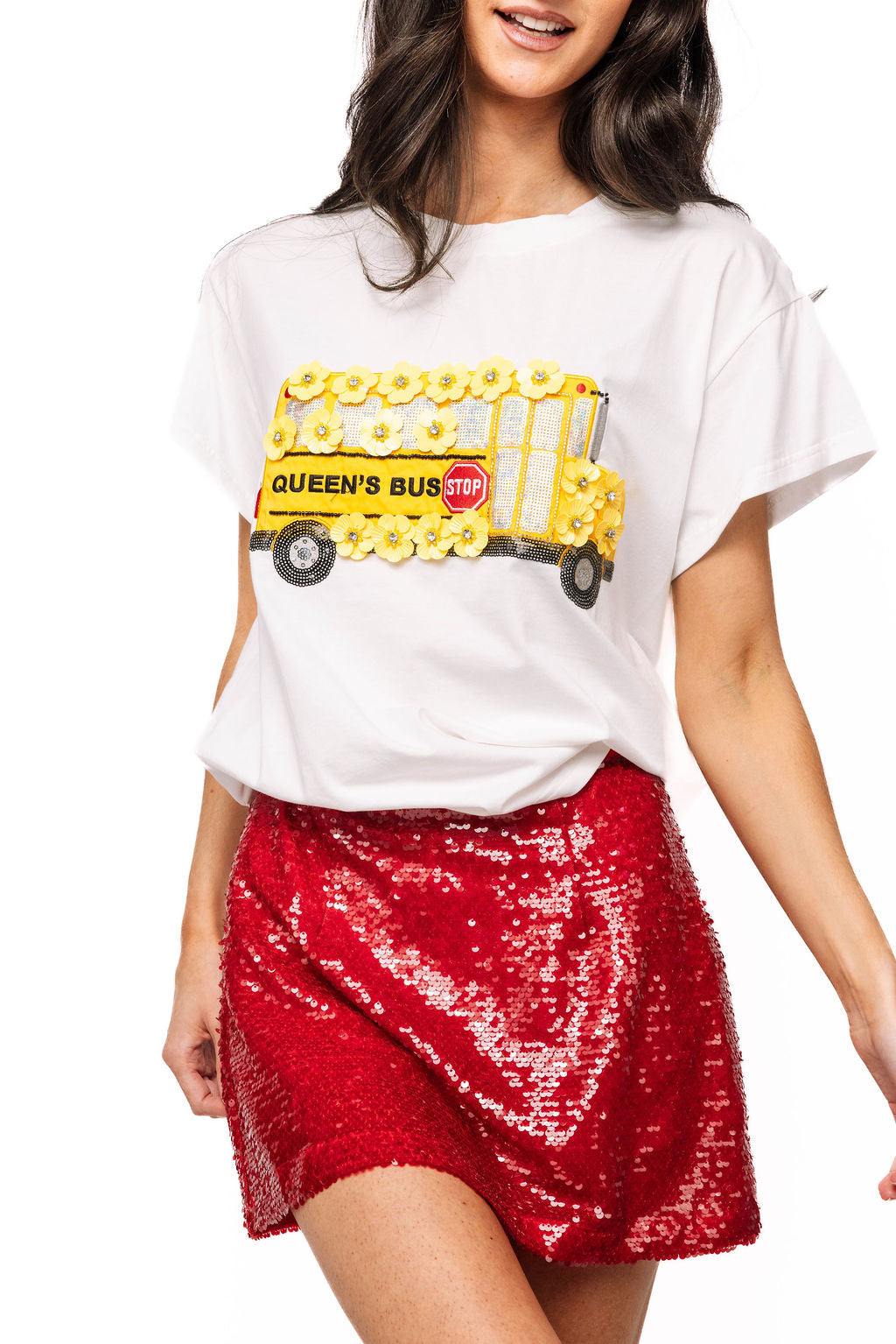 Queen of Sparkles White & Yellow Sequin Flower School Bus Tee