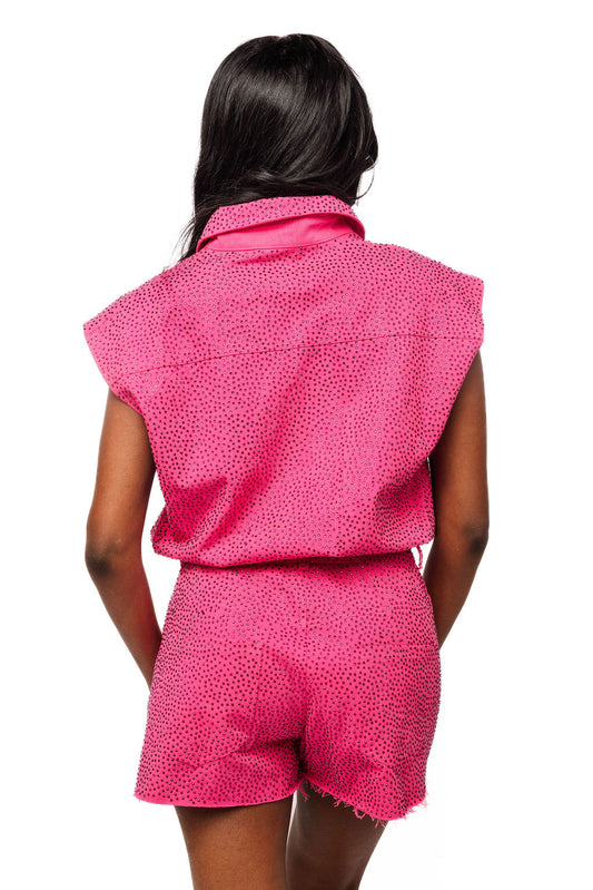 Queen of Sparkles Hot Pink Rhinestone Button-Up Romper