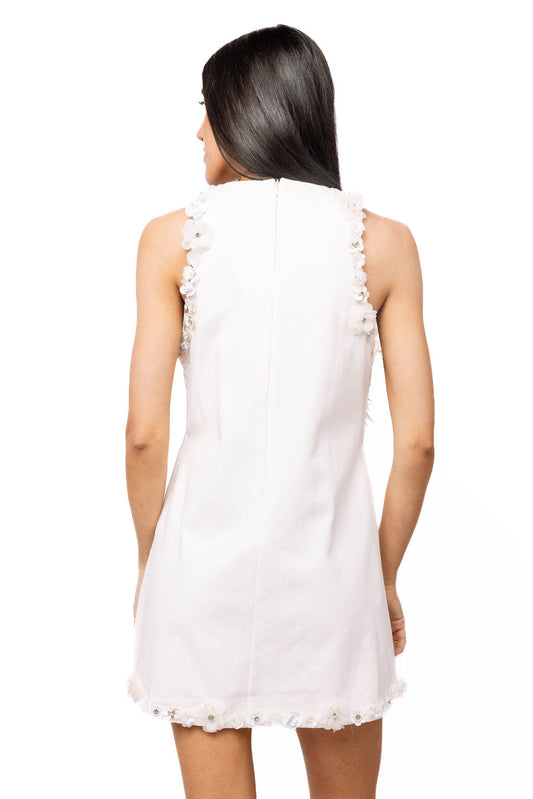 Queen of Sparkles White Flower Trim V-Neck Tank Dress
