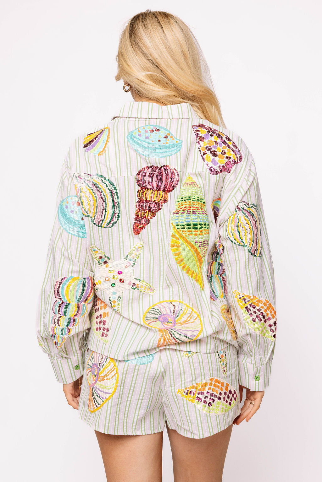 Queen of Sparkles brand Striped Button Multi Shell Shirt with sequin design from Women's clothing boutique